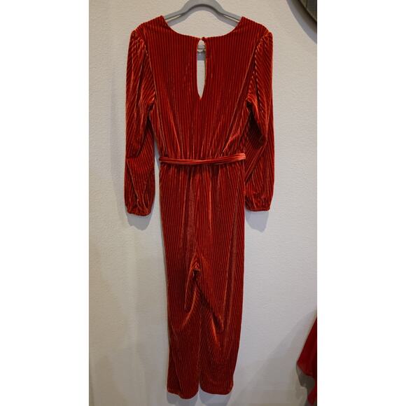 Anthropologie Ali & Jay Jumpsuit Womens M Ruby Red Velvet Pleated Wrap V-Neck - Picture 10 of 13
